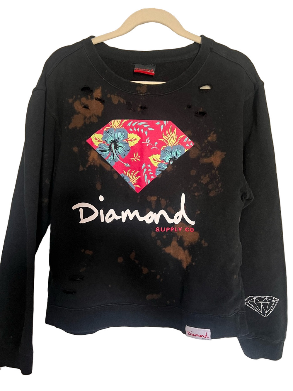 Diamond Supply Hibiscus Upcycled Bleached Reworked Pullover Sweatshirt  - Medium